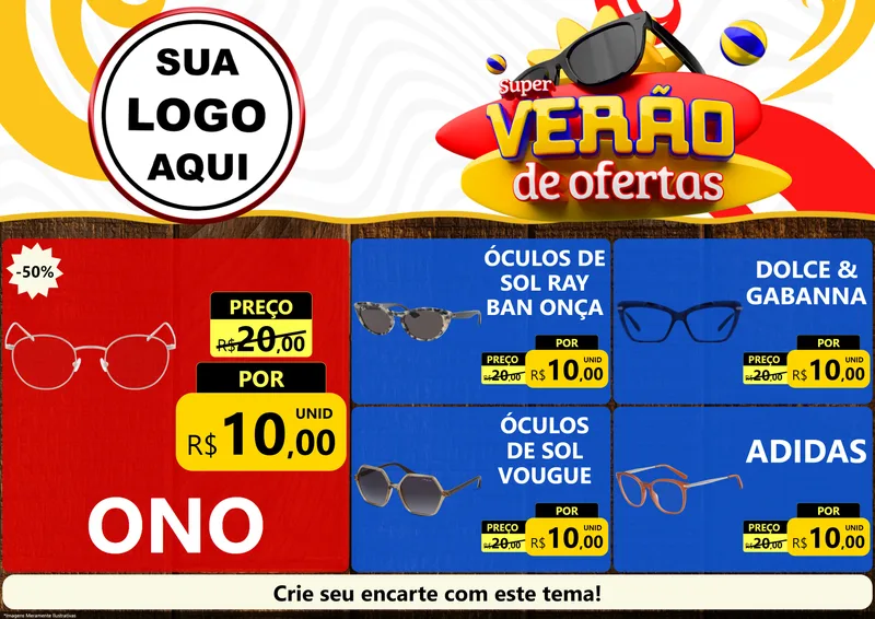 Modelo de Encarte para Encarte A4 Horizontal com o tema Super Verão de Ofertas para Óticas