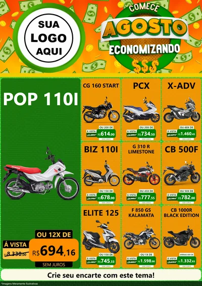 Modelo de Encarte para Encarte A4 Vertical com o tema Comece Agosto Economizando para Concessionaria de Motos