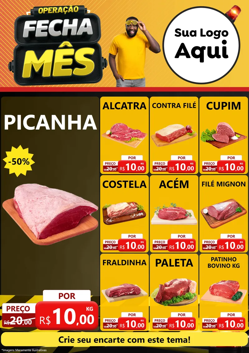 Modelo de Encarte para Encarte A4 Vertical com o tema Operação Fecha Mês para Açougue