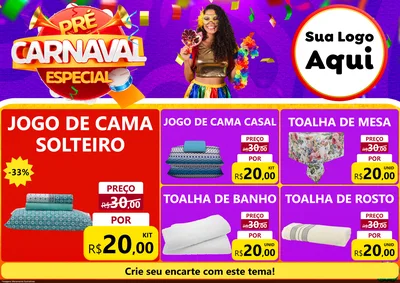 Modelo de Encarte para Encarte A4 Horizontal com o tema Pré-Carnaval Especial para Cama, Mesa e Banho
