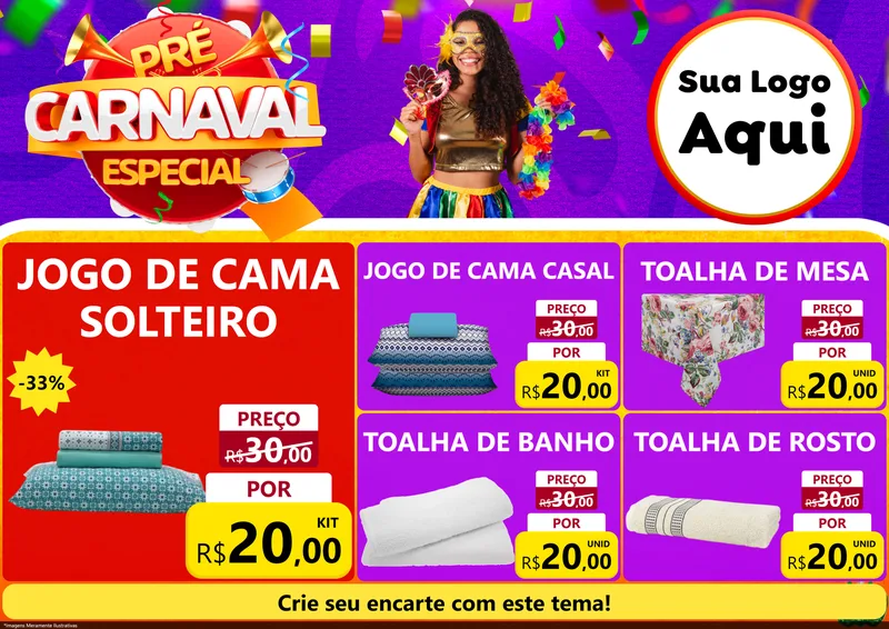 Modelo de Encarte para Encarte A4 Horizontal com o tema Pré-Carnaval Especial para Cama, Mesa e Banho
