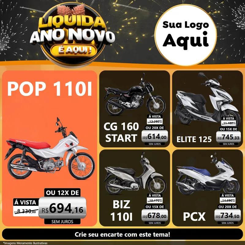 Modelo de Rede Social para Feed Facebook com o tema Liquida Ano Novo É Aqui! para Concessionaria de Motos