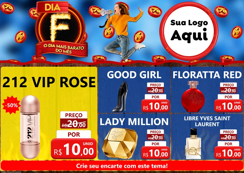 Modelo de Encarte para Encarte A4 Horizontal com o tema Dia F - O Dia Mais Barato Do Mês para Perfumes