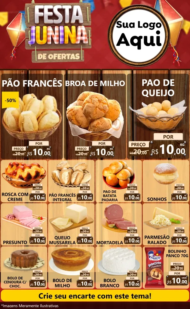 Modelo de Encarte para Encarte Grande com o tema Festa Junina de Ofertas para Padaria