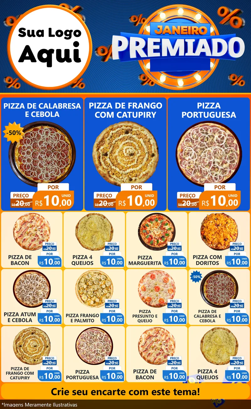 Modelo de Encarte para Encarte Grande com o tema Janeiro Premiado para Pizzaria