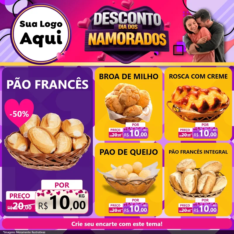 Modelo de Rede Social para Feed Facebook com o tema Desconto Dia dos Namorados para Padaria