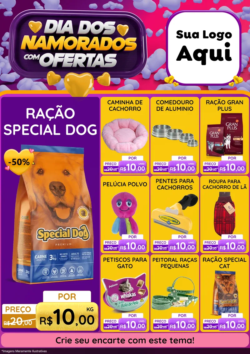 Modelo de Encarte para Encarte A4 Vertical com o tema Dia Dos Namorados Com Ofertas para Pet Shop
