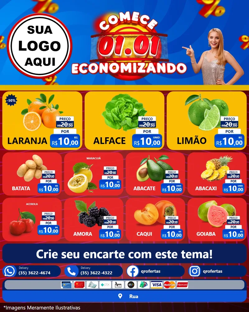 Modelo de Rede Social para Feed Instagram com o tema Comece 1º de Janeiro Economizando para Hortifrúti