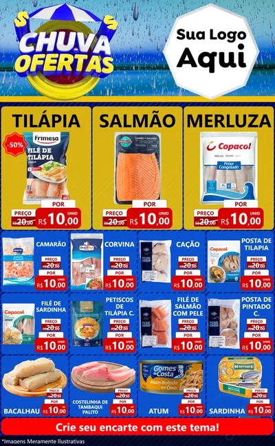 Modelo de Encarte para Encarte Grande com o tema Chuva de Ofertas para Peixaria