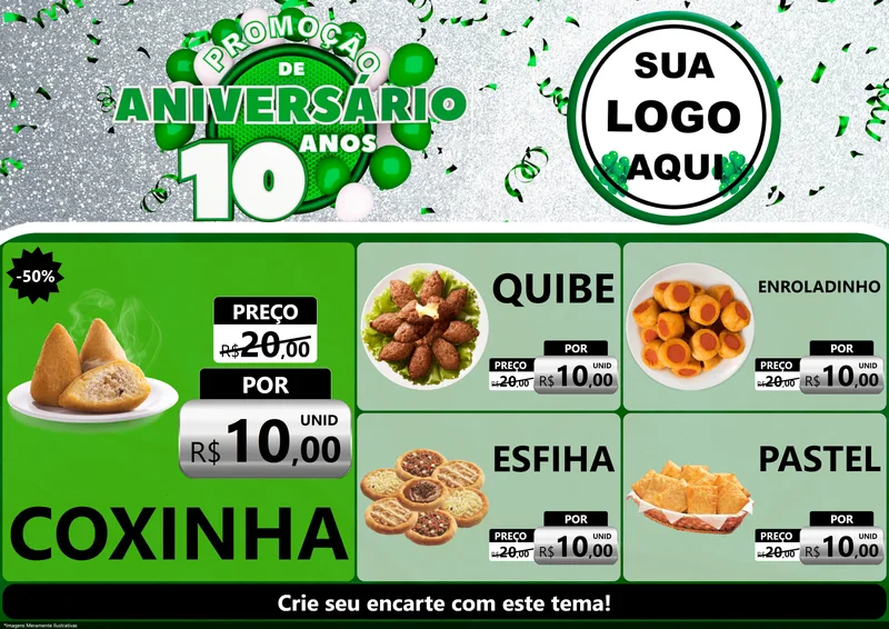 Modelo de Encarte para Encarte A4 Horizontal com o tema Promoção de Aniversário - 10 Anos para Salgadaria