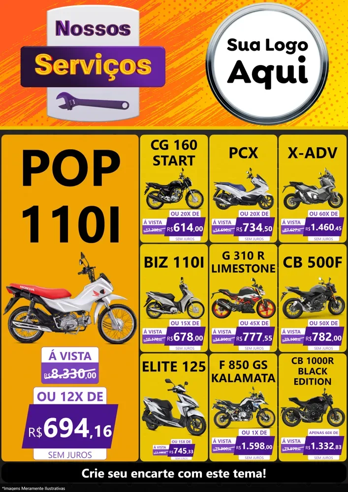 Modelo de Encarte para Encarte A4 Vertical com o tema Nossos Serviços para Concessionaria de Motos