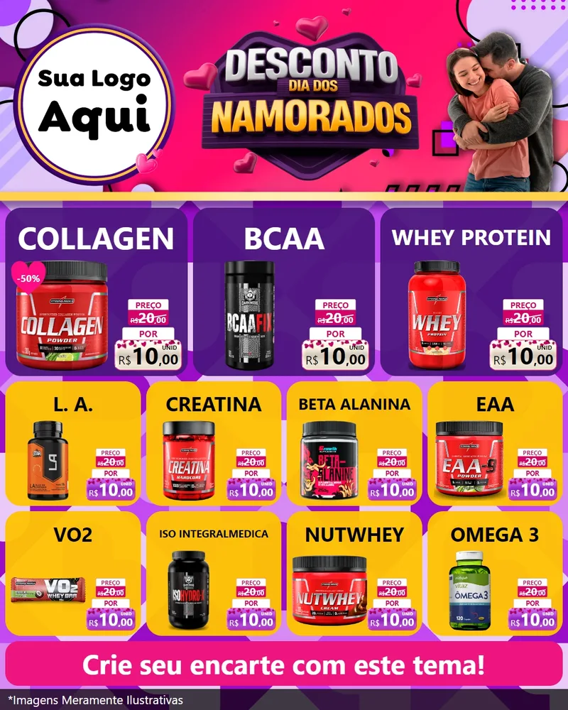 Modelo de Rede Social para Feed Instagram com o tema Desconto Dia dos Namorados para Suplementos alimentares