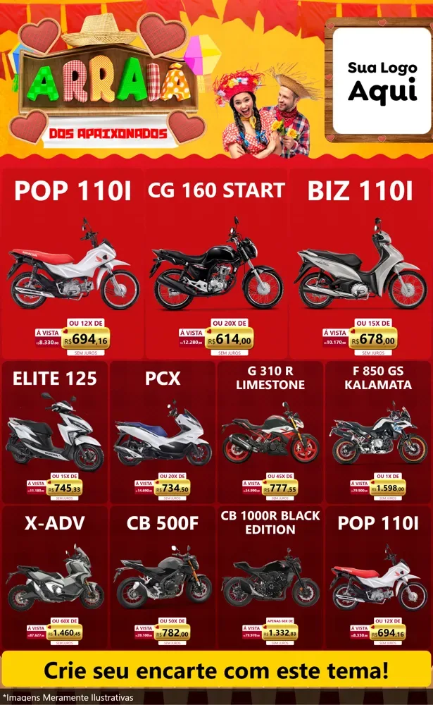 Modelo de Encarte para Encarte Grande com o tema Arraiá Dos Apaixonados - Junina para Concessionaria de Motos