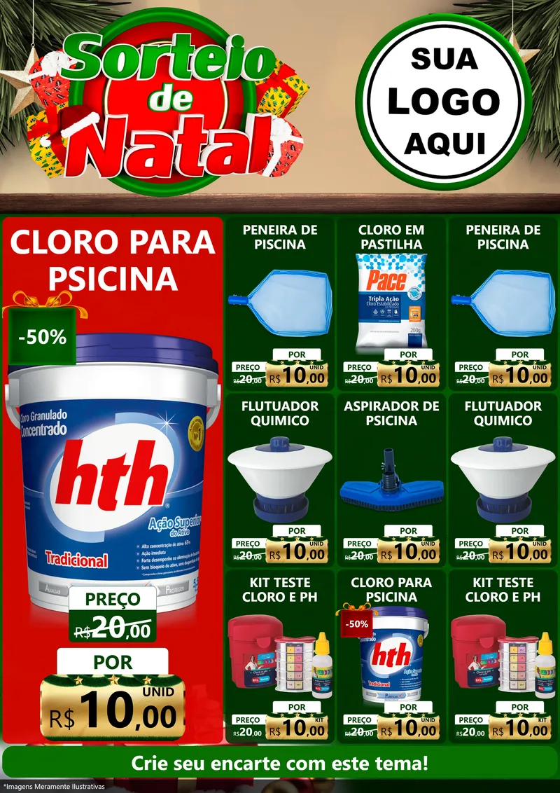 Modelo de Encarte para Encarte A4 Vertical com o tema Sorteio de Natal para Produtos para Piscina