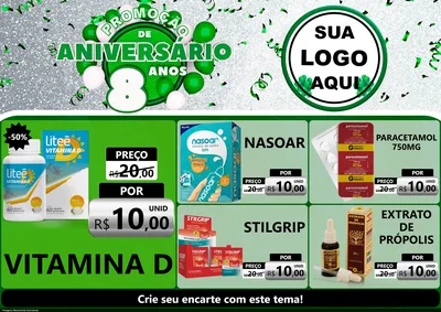 Modelo de Encarte para Encarte A4 Horizontal com o tema Promoção de Aniversário - 8 Anos para Farmácia