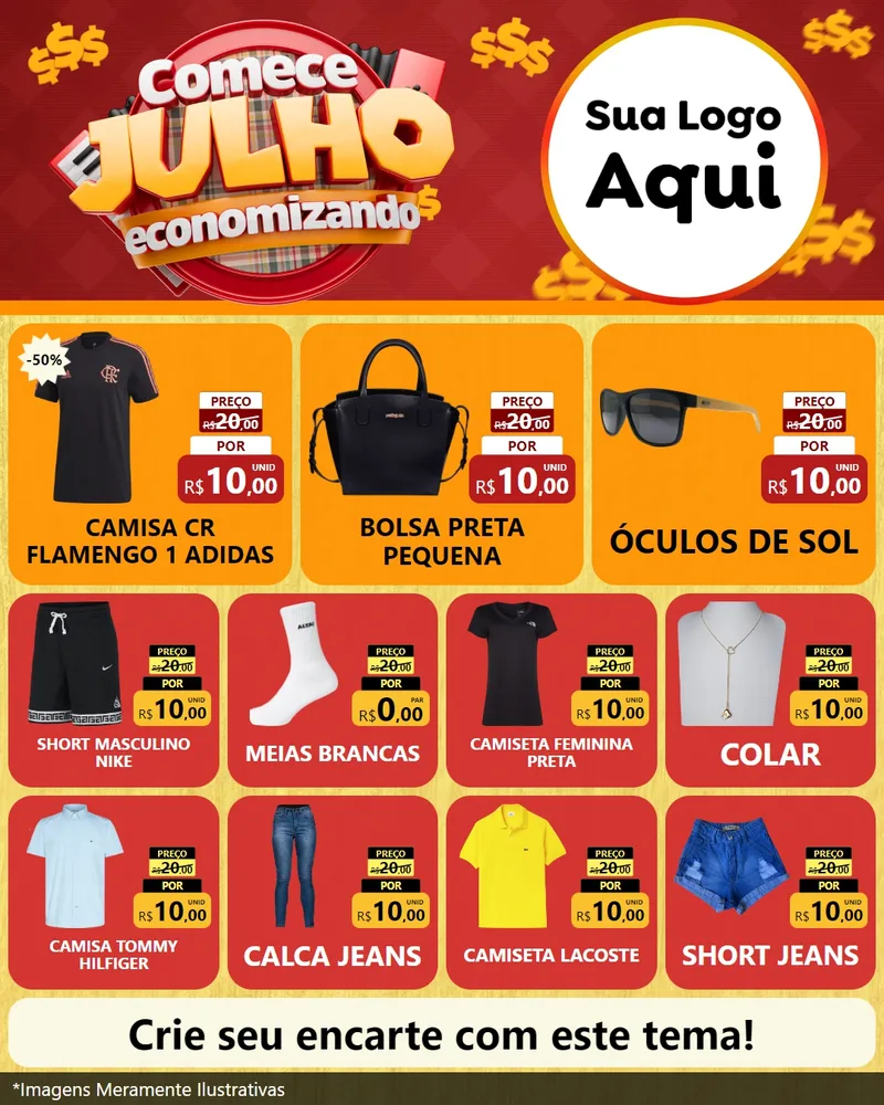 Modelo de Rede Social para Feed Instagram com o tema Comece Julho Economizando para Roupas e acessórios