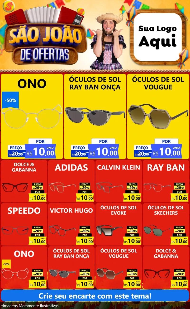 Modelo de Encarte para Encarte Grande com o tema São João de Ofertas para Óticas