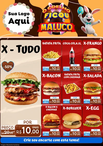 Modelo de Encarte para Encarte A4 Vertical com o tema O Coelho Ficou Maluco - Páscoa para Hamburgueria