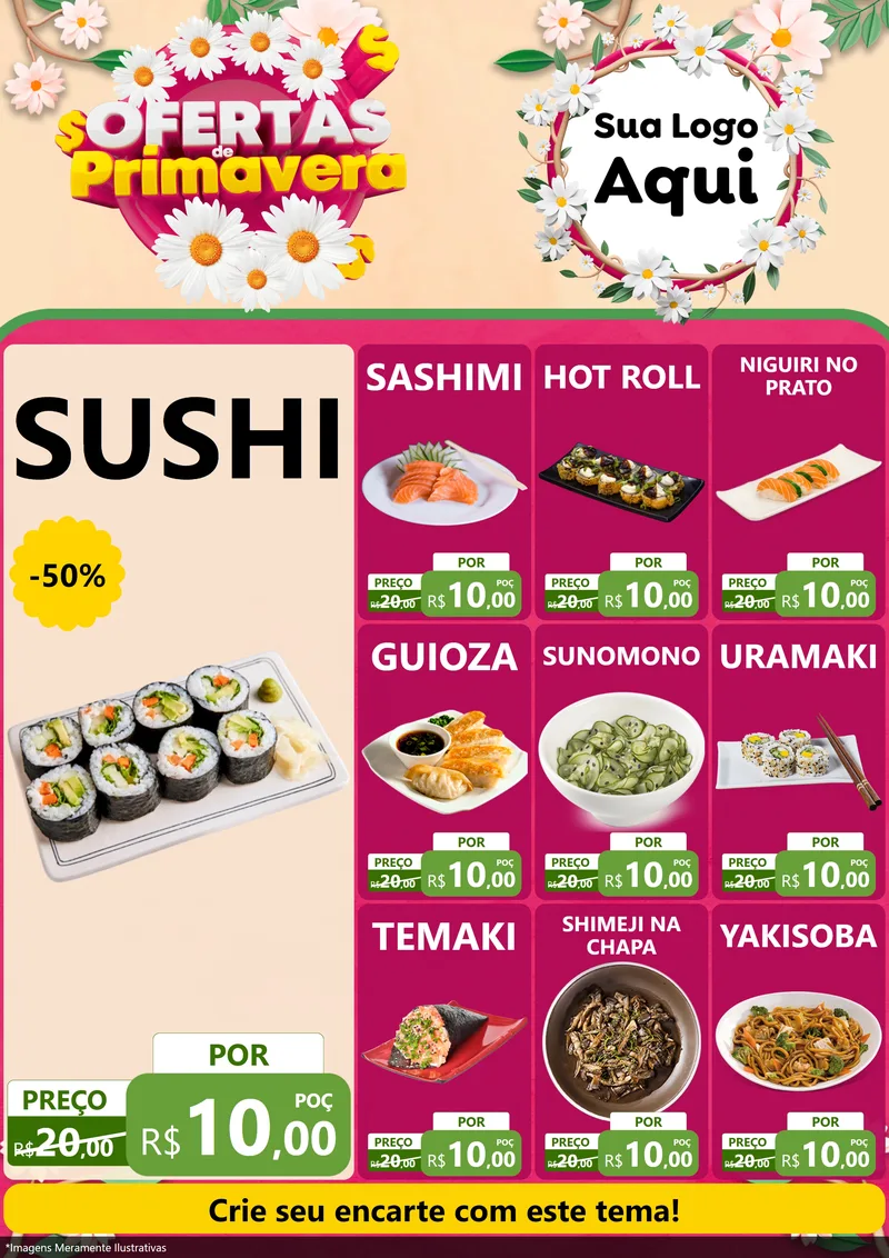 Modelo de Encarte para Encarte A4 Vertical com o tema Ofertas de Primavera para Comida japonesa