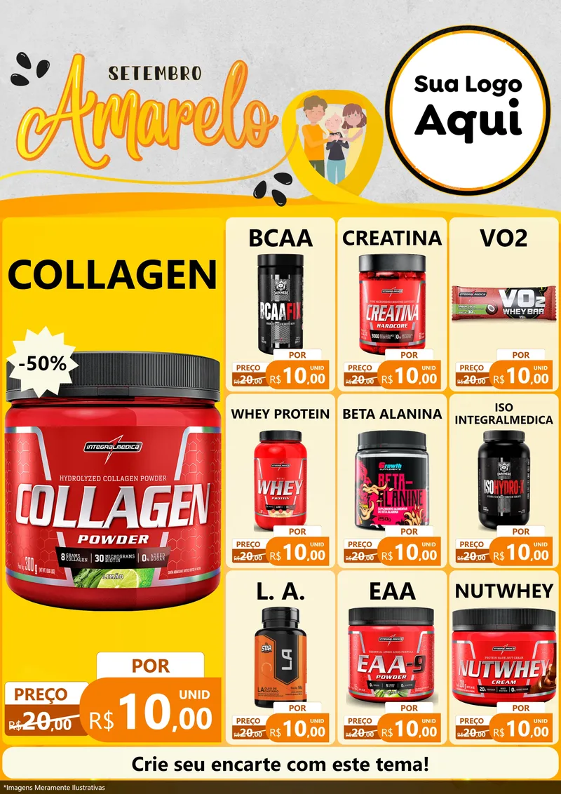 Modelo de Encarte para Encarte A4 Vertical com o tema Setembro Amarelo para Suplementos alimentares