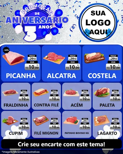 Modelo de Rede Social para Feed Instagram com o tema Promoção de Aniversário - 3 Anos para Açougue