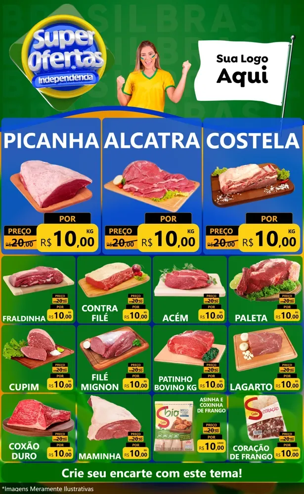 Modelo de Encarte para Encarte Grande com o tema Super Ofertas de Independência para Açougue
