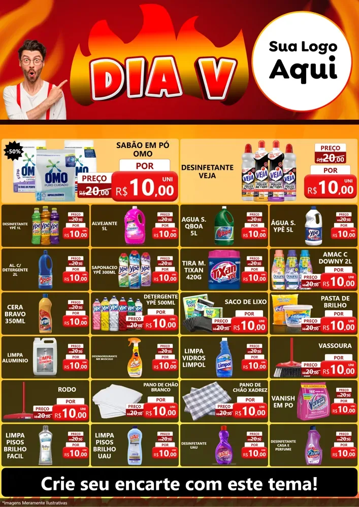 Modelo de Encarte para Encarte A4 Vertical com o tema Dia V para Produtos de Limpeza