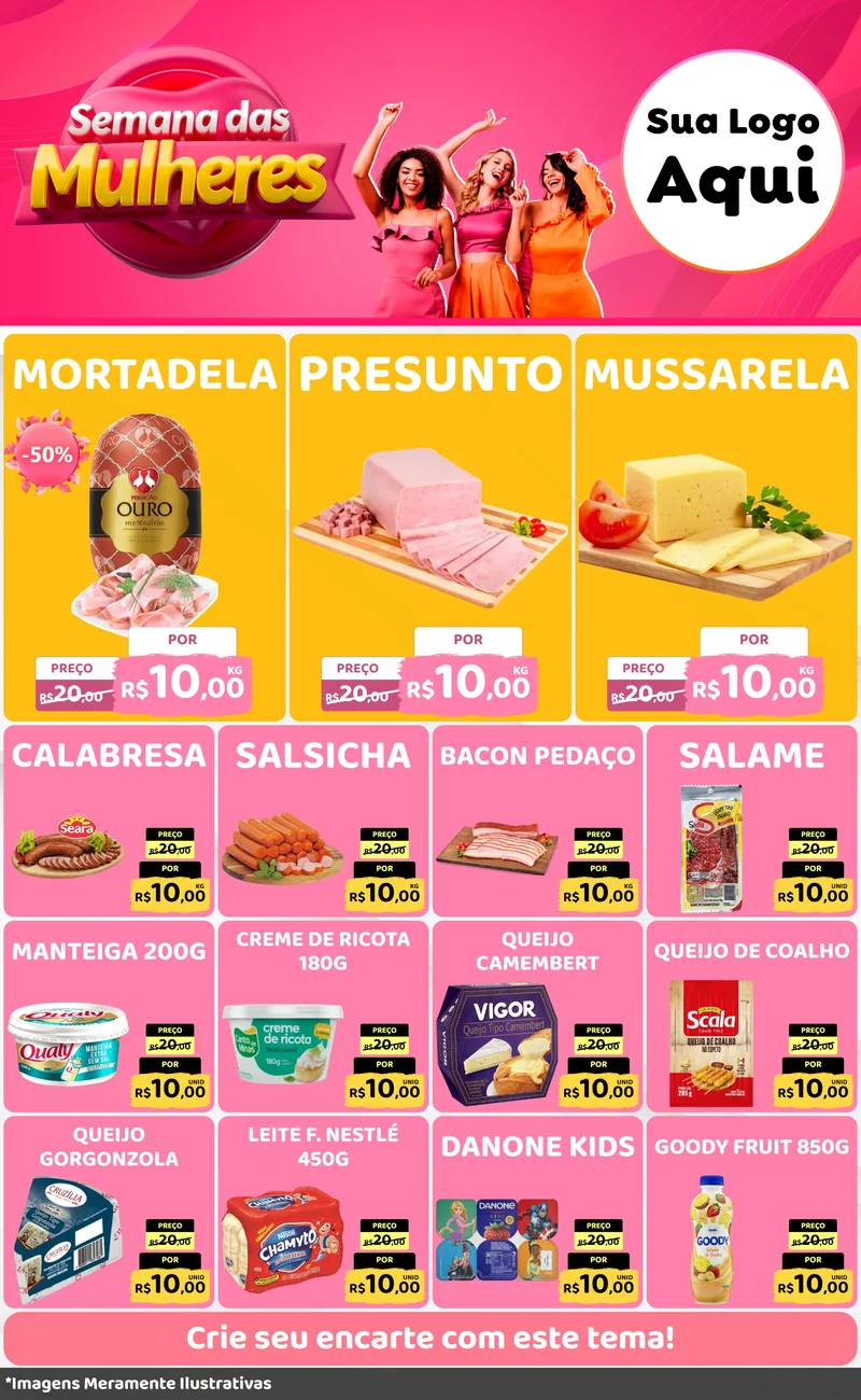 Modelo de Encarte para Encarte Grande com o tema Semana das Mulheres para Frios e Laticínios