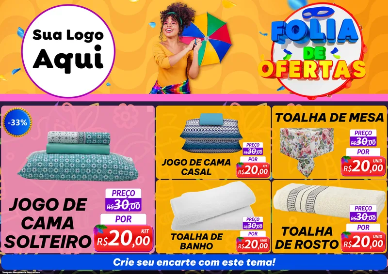 Modelo de Encarte para Encarte A4 Horizontal com o tema Folia de Ofertas para Cama, Mesa e Banho