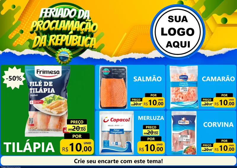 Modelo de Encarte para Encarte A4 Horizontal com o tema Feriado da Proclamação da República para Peixaria