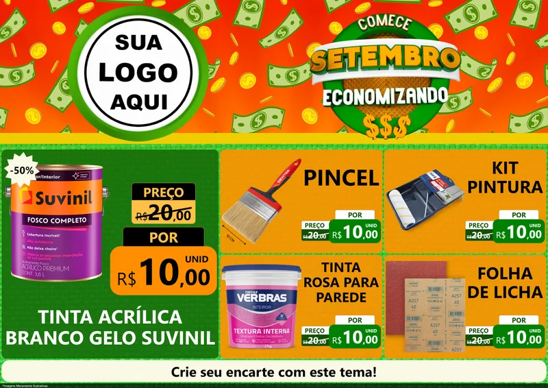 Modelo de Encarte para Encarte A4 Horizontal com o tema Comece Setembro Economizando para Tintas e Ferramentas