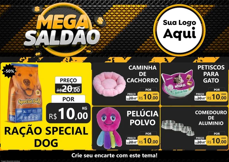 Modelo de Encarte para Encarte A4 Horizontal com o tema Mega Saldão para Pet Shop