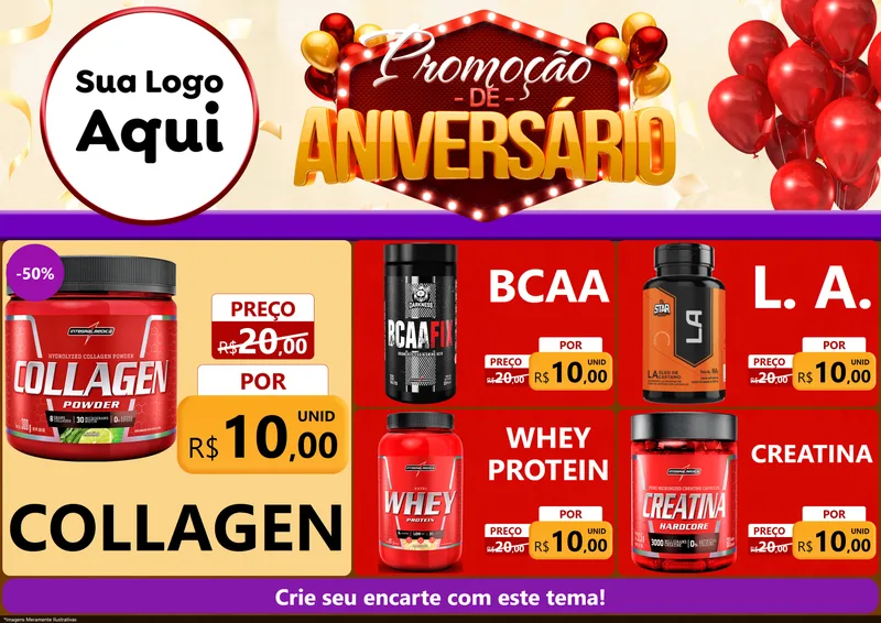 Modelo de Encarte para Encarte A4 Horizontal com o tema Promoção de Aniversário para Suplementos alimentares