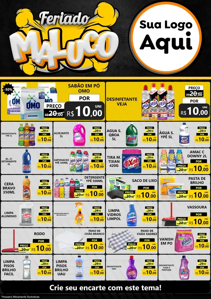 Modelo de Encarte para Encarte A4 Vertical com o tema Feriado Maluco para Produtos de Limpeza