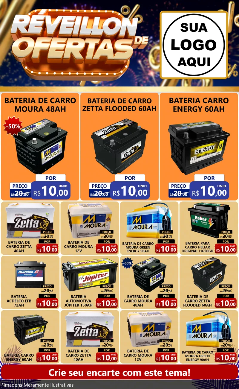 Modelo de Encarte para Encarte Grande com o tema Réveillon de Ofertas para Baterias Elétricas
