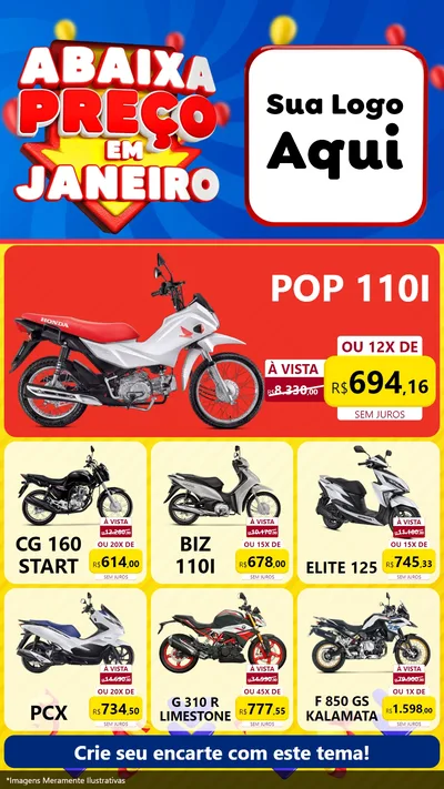 Modelo de Rede Social para Stories com o tema Abaixa Preço em Janeiro para Concessionaria de Motos