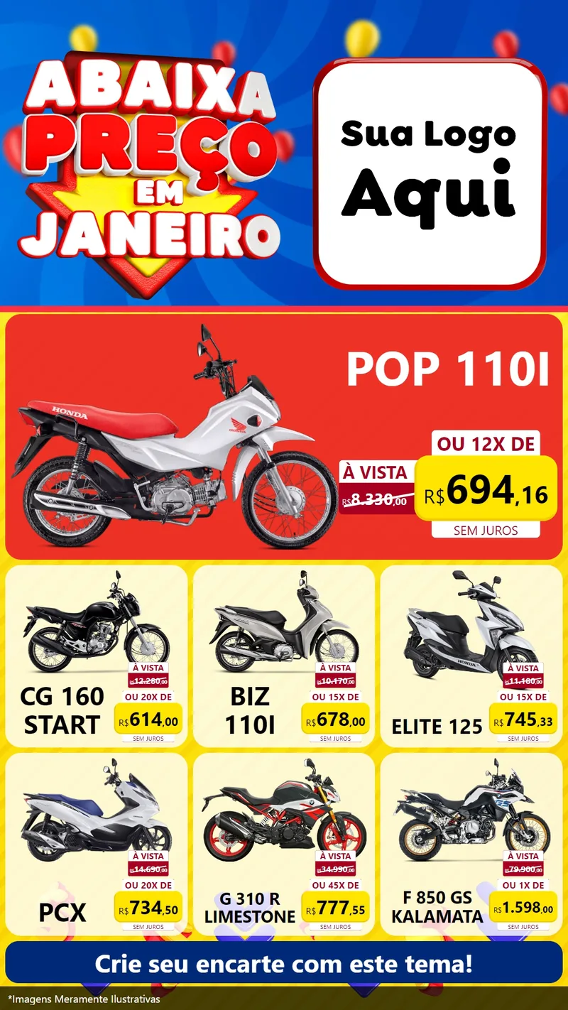 Modelo de Rede Social para Stories com o tema Abaixa Preço em Janeiro para Concessionaria de Motos