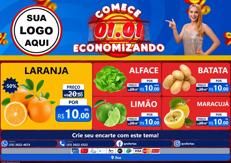 Modelo de Encarte para Encarte A4 Horizontal com o tema Comece 1º de Janeiro Economizando para Hortifrúti