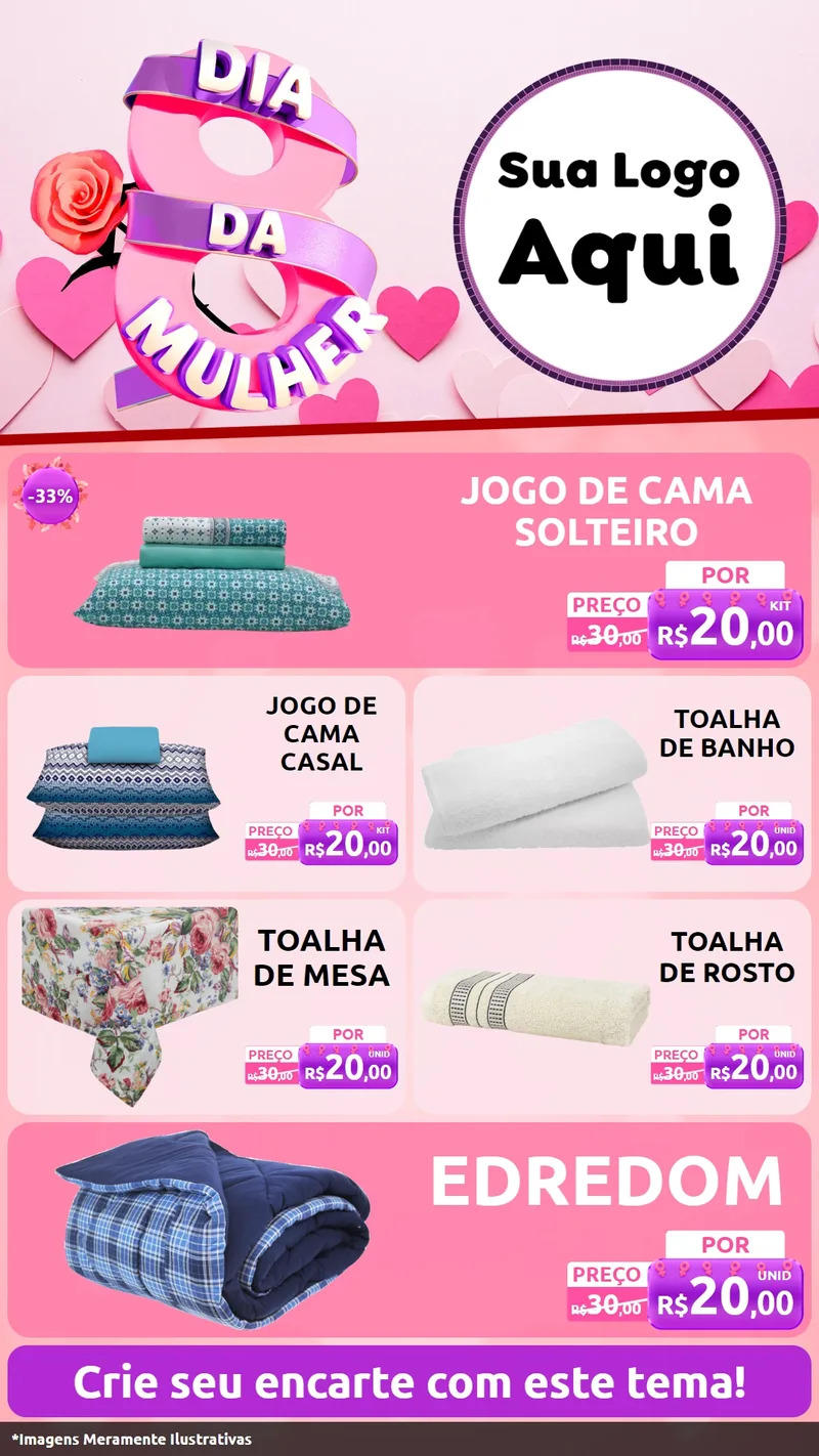 Modelo de TV para TV Vertical com o tema Dia da Mulher para Cama, Mesa e Banho