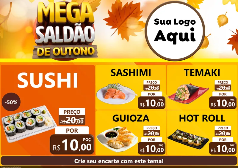 Modelo de Encarte para Encarte A4 Horizontal com o tema Mega Saldão de Outono para Comida japonesa