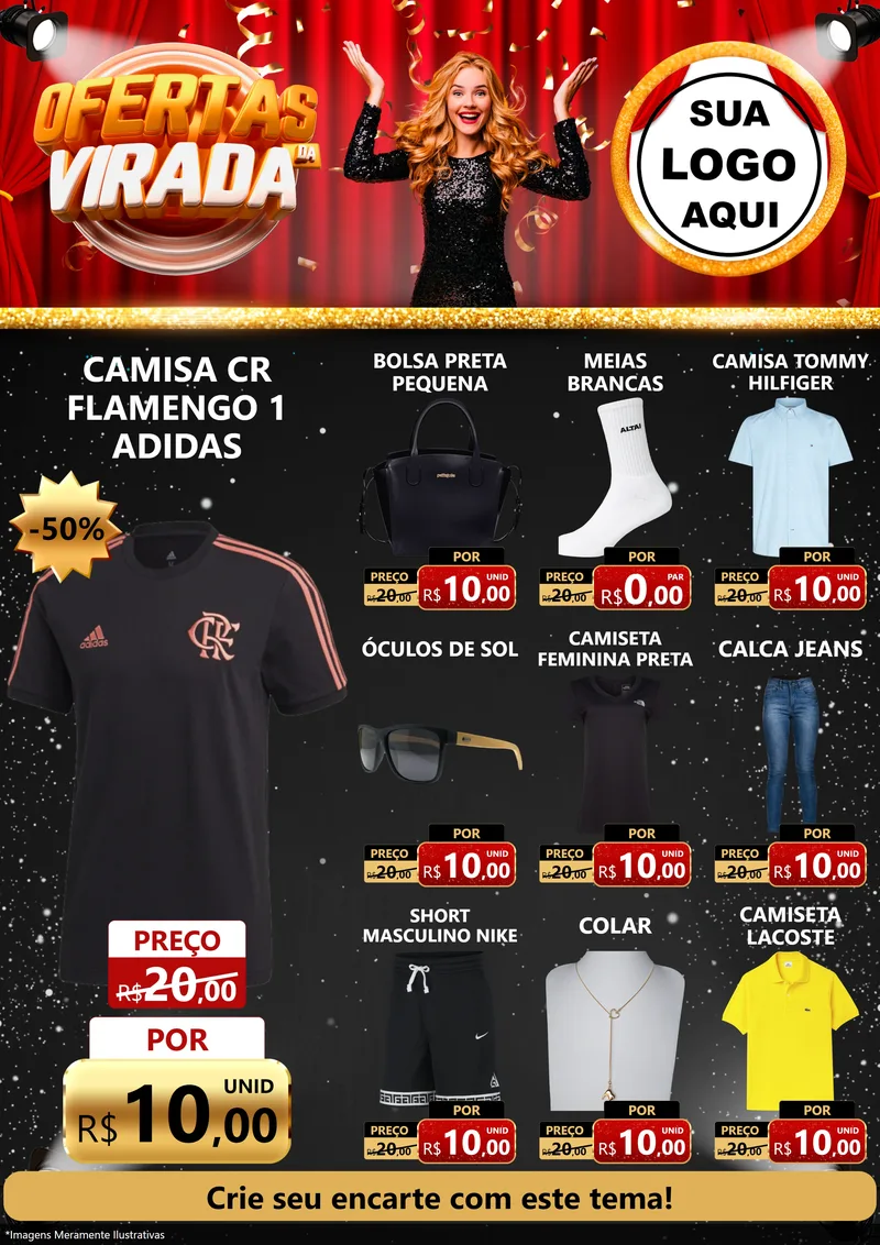 Modelo de Encarte para Encarte A4 Vertical com o tema Ofertas da Virada para Roupas e acessórios