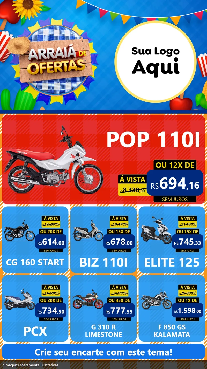 Modelo de Rede Social para Stories com o tema Arraiá de Ofertas para Concessionaria de Motos