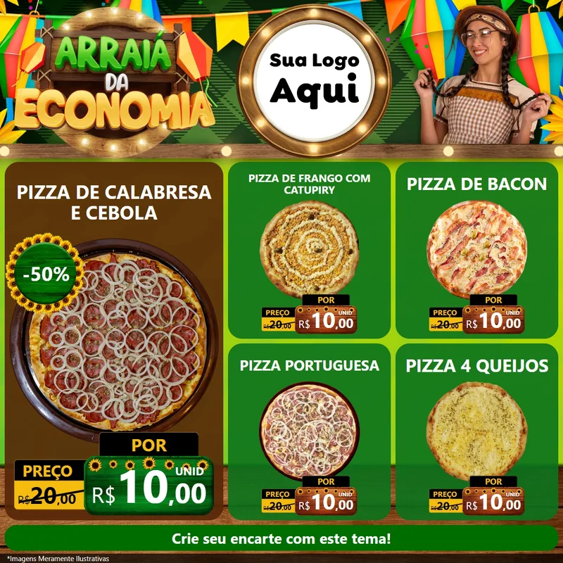 Modelo de Rede Social para Feed Facebook com o tema Arraiá de Economia para Pizzaria