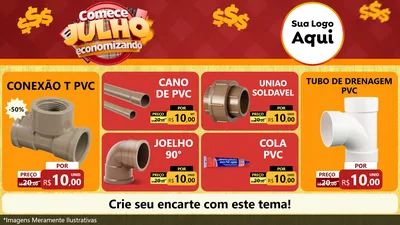 Modelo de TV para TV Horizontal com o tema Comece Julho Economizando para Tubos e conexões