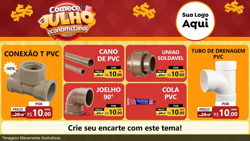 Modelo de TV para TV Horizontal com o tema Comece Julho Economizando para Tubos e conexões