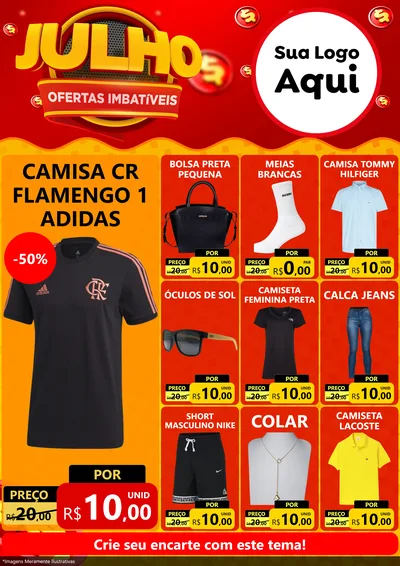 Modelo de Encarte para Encarte A4 Vertical com o tema Julho Ofertas Imbatíveis para Roupas e acessórios