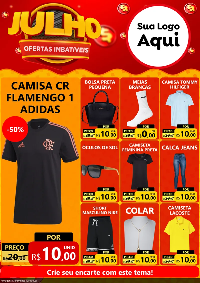 Modelo de Encarte para Encarte A4 Vertical com o tema Julho Ofertas Imbatíveis para Roupas e acessórios