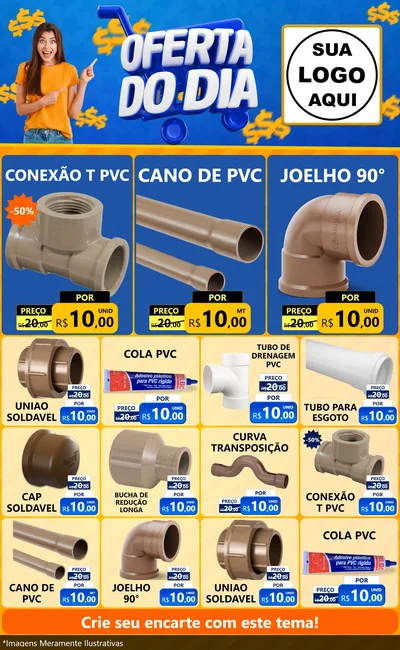 Modelo de Encarte para Encarte Grande com o tema Oferta do Dia para Tubos e conexões