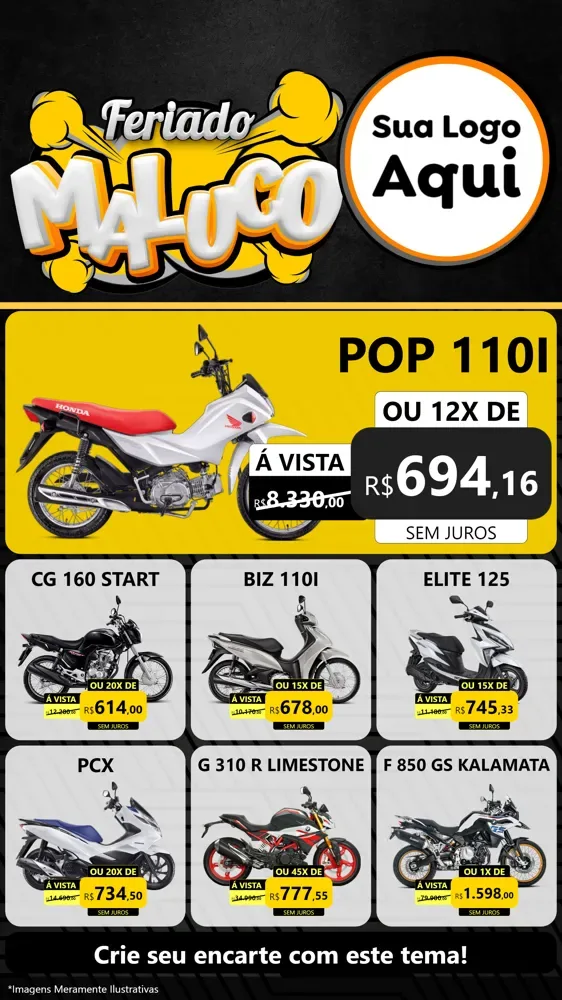 Modelo de Rede Social para Stories com o tema Feriado Maluco para Concessionaria de Motos