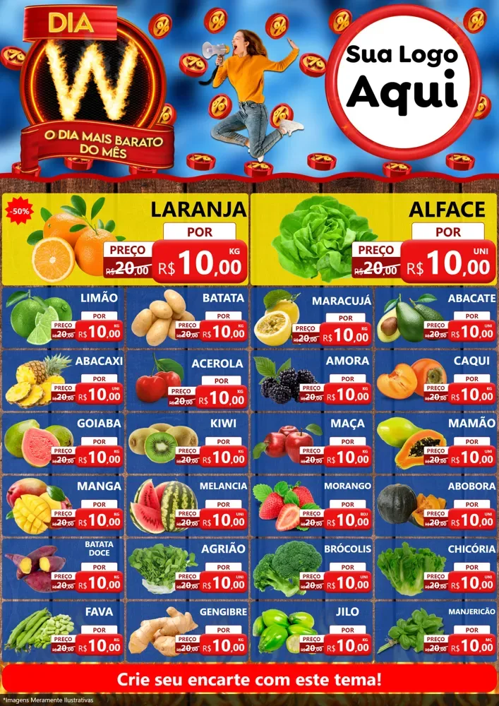 Modelo de Encarte para Encarte A4 Vertical com o tema Dia W - O Dia Mais Barato Do Mês para Hortifrúti